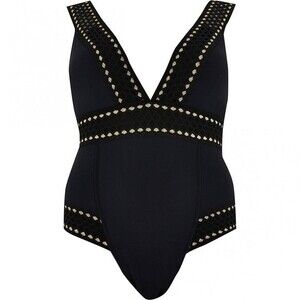 NWT River Island Black Gold Embroidered Plunge One Piece Swimsuit Size 20 NEW